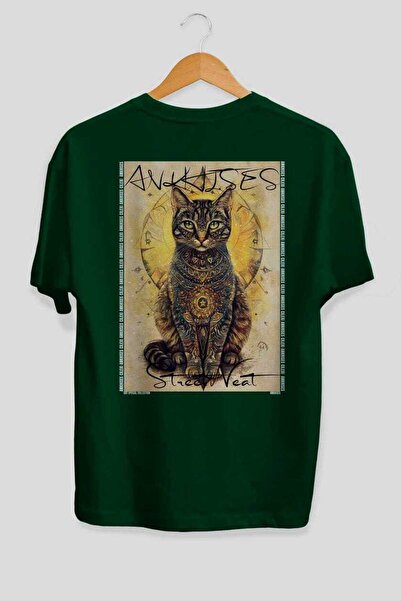 Ankhises 97 Cats for Cat Lovers Printed Green Oversize T-Shirt 100% Cotton Un...