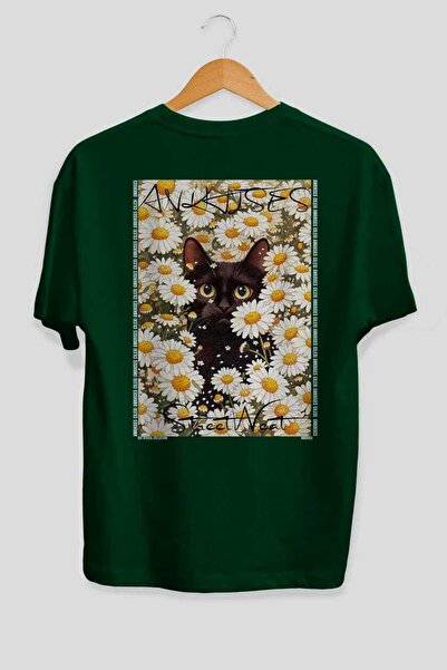 Ankhises 121 Cats for Cat Lovers Printed Green Oversize T-Shirt 100% Cotton U...
