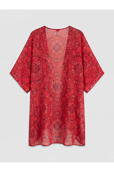LC Waikiki Red Shawl Collar Patterned Women's Kimono