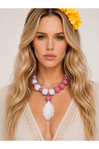 Bukiro Red Gingham Fabric Beaded Handmade Design Necklace |   Bohemian & Summ...