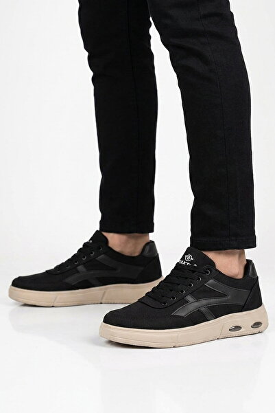 Dakırs Black Beige Textile Lace-Up Men's Casual Shoes