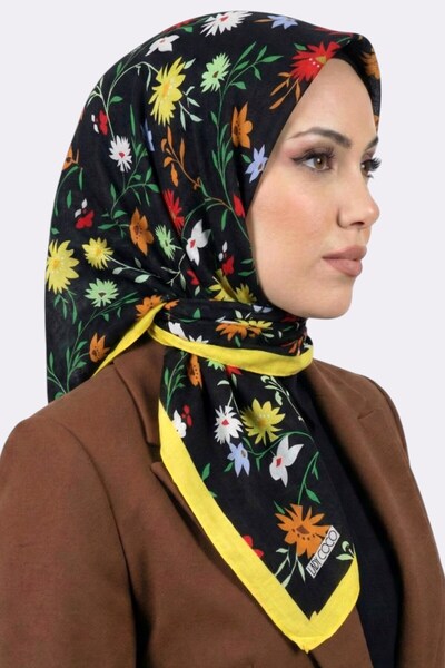 hadiora Women's Black Yellow Floral Patterned Organic Cotton Soft Scarf