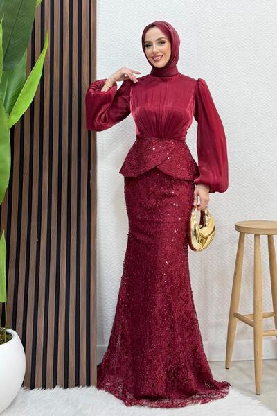 GİYZAMİLA Marcella Dantel İşleme Abiye Bordo
