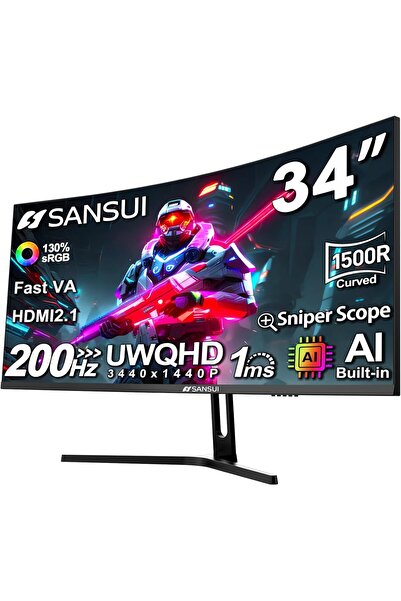 SANSUI شاشة ألعاب منحنية مقاس 34 بوصة بدقة UWQHD 3440 × 1440 وتردد 165 هرتز، ...