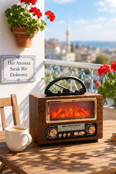 Zineets Büyük Boy Nostaljik Radyo Fm Ahşap Şömine Görünümlü Bluetooth Hoparlö...