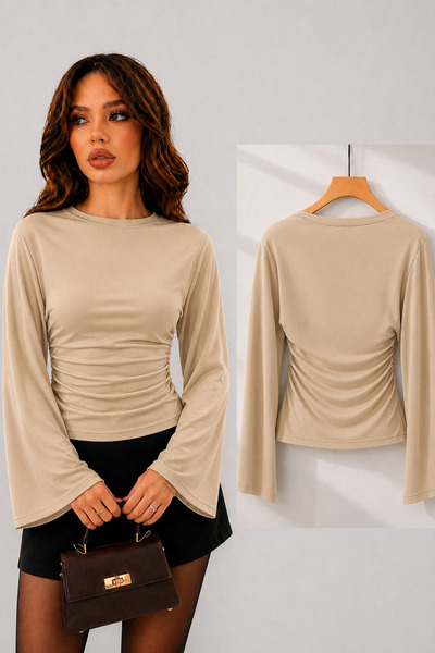 peri tower Modal Fabric Gathered Detail Wide Sleeve Women's Blouse 212