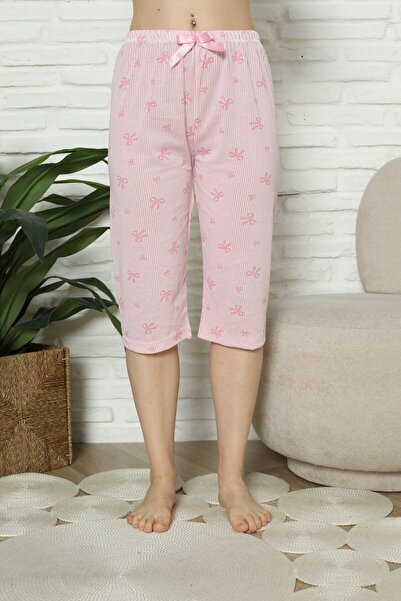 Serena Pantaloni pijama damă 3/4, roz, imprimeu fundite