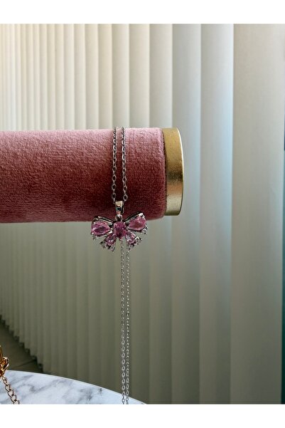 nurjewelry Pembe kuvars taşlı çelik gümüş renk kolye