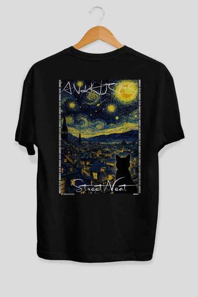 Ankhises 45 Cats for Cat Lovers Printed Black Oversize T-Shirt 100% Cotton Un...