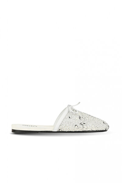 BUENO White Tulle-Silver Leather Women's Flat Slippers