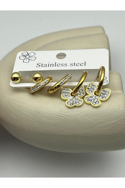 BİJU YILMAZ 26Clk38 Gold Steel Earring Set with Butterfly and Flower Detail