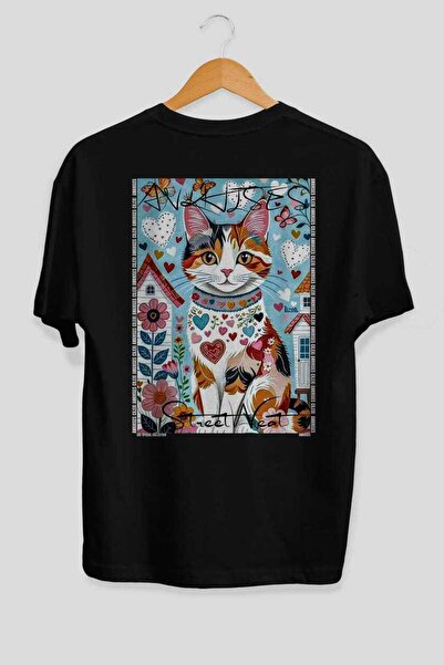 Ankhises For the Love of Cats 102 Cat Printed Black Oversize T-Shirt 100% Cot...