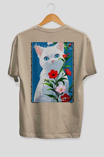 Ankhises For the Love of Cats 115 Cat Printed Beige Oversize T-Shirt 100% Cot...