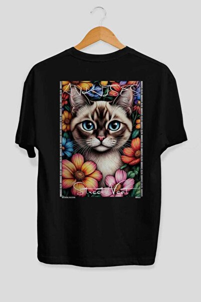 Ankhises For the Love of Cats 64 Cats Printed Black Oversize T-Shirt 100% Cot...