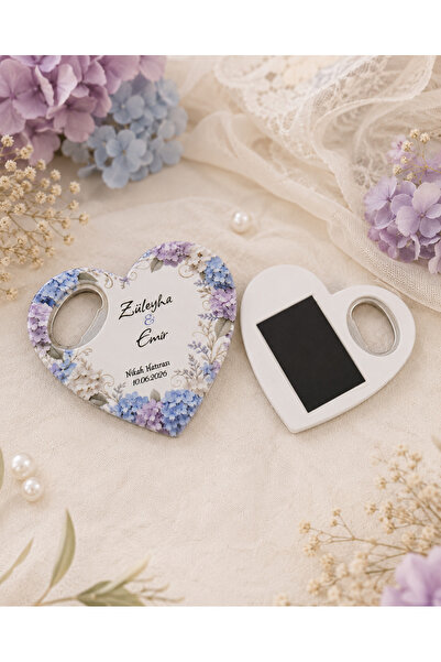 20 Adet Kişiye Özel Baskılı Kalp Şişe Açacaklı Magnet Nikah Düğün Nişan Hediyeliği