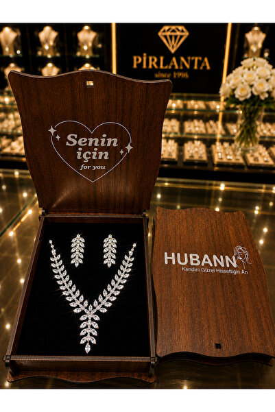 HUBANN Bianca Markiz Kesim Zirkon Taşlı Yaprak Desen 2'li Abiye Düğün Takı Se...