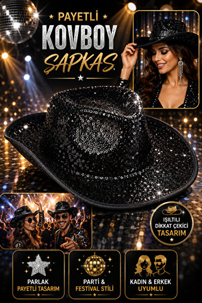 Tamsena Store Siyah Payetli Kovboy Şapkası Unisex Parti Disco Festival Sahne ...