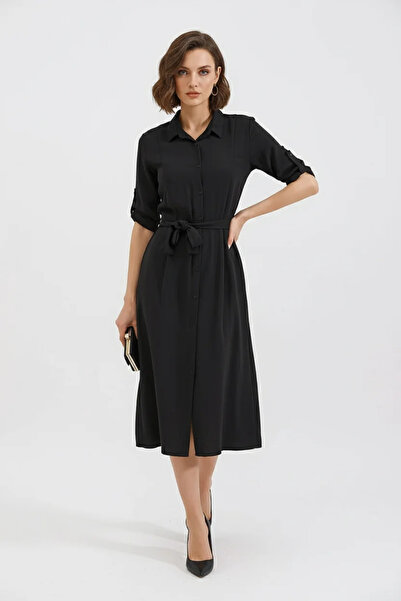 buğrahayalin Women's Shirt Collar Belted Black Dress with Pocket Detail