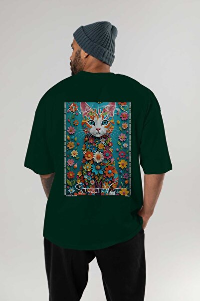 Ankhises For the Love of Cats 7 Cats Printed Green Oversize T-Shirt 100% Cott...