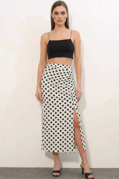 Efnaz style Women's White Polka Dot Skirt with Gathered Waist and Slits