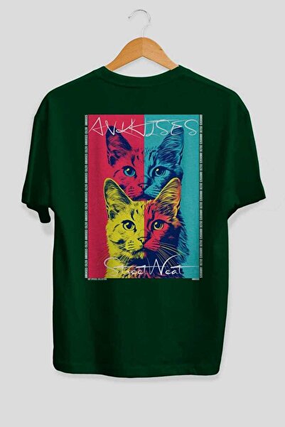 Ankhises 47 Cats for the Sake of Cats Printed Green Oversize T-Shirt 100% Cot...