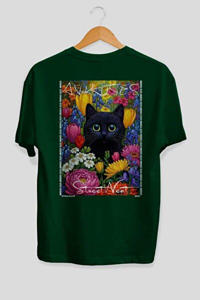 Ankhises For the Love of Cats 51 Cat Printed Green Oversize T-Shirt 100% Cott...