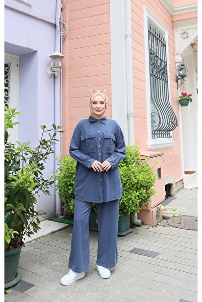 NİSUM MODA Two-Pocket Shirt Cotton Linen Set