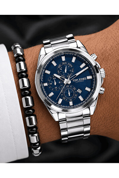 Tom Jones London Men's Steel Cord Wristwatch Blue Dial Stylish Design Steel B...