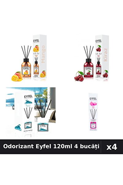 Eyfel Set 4 Odorizant Camera Betisoare 120ml - Mango, Cireșe, Ocean, Bubble Gum
