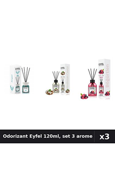 Eyfel Set 3 Odorizant Camera Betisoare 120ml - Angel, Nucă de Cocos, Fructe d...
