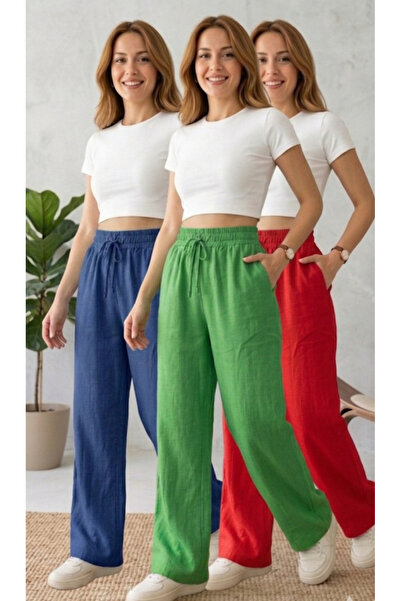 sarıdağ 3 Pieces of Sofia Linen Wide-Leg Palazzo Model Loose-Fitting Pants