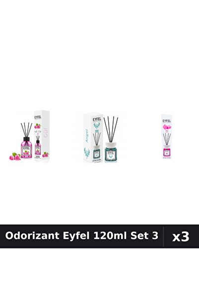 Eyfel Set 3 Odorizant Camera Betișoare 120ml - Trandafir, Angel, Bubble Gum