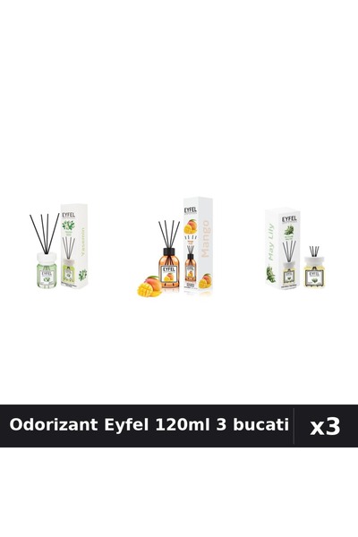 Eyfel Set 3 Odorizant Camera Betisoare 120ml - Iasomie, Mango, Lacramioare