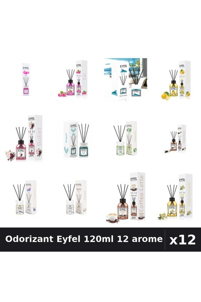 Eyfel Set 12 Odorizant Cameră Betișoare - 12 Arome Asortate, 120ml Parfum