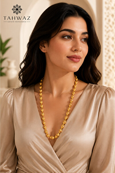 Tahwaz Lamp Rosary Necklace – Gold-Plated Beaded Necklace with Red & Green Zi...
