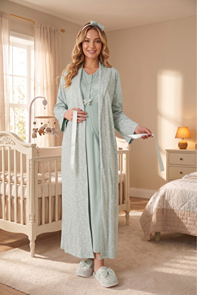 Lohusa Homewear Yeni Sezon Yeşil Şal Yaka Desenli Emzirme Özellikli Tasarım T...