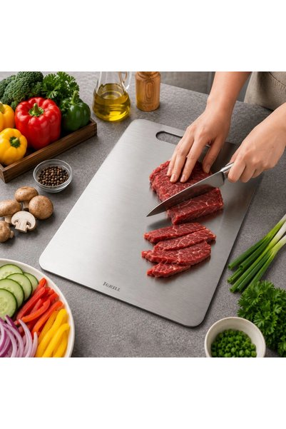 IGRILL Et Kesme Tahtası 304 Paslanmaz Çelik 32x24cm - Hijyenik Çift Taraflı Mutfak Tezgah Üstü Kesim