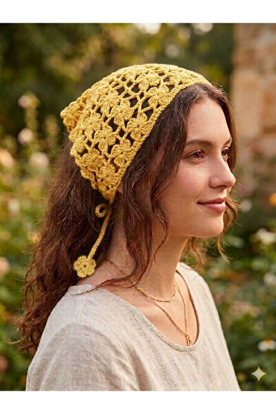 elemeğiürünler Hand-Knitted Hair Bandana Triangle Bandana Daisy Bandana