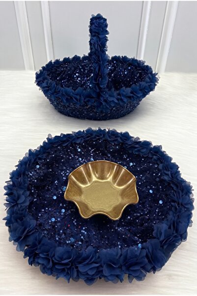 ZEYMERADE Navy Blue Bridal Henna Night Tray and Basket, Floral and Complete w...