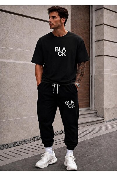 FAEL LİFE Unisex Wide Cut Tracksuit and T-Shirt Black Printed Set