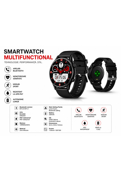 OEM Ceas Smartwatch Barbati, Bratara piele neagra si Silicon, notificari apli...