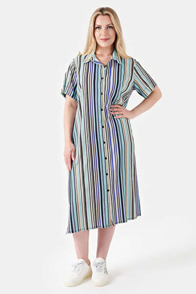 TOLGA SARAÇOĞLU 40293 Blue Cotton Soft Fabric Striped Dress