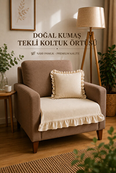 YUNUSOĞLU HOME Fırfırlı Ham Bez Koltuk Örtüsü Tekli Berjer ve Kanepe Koruyucu...