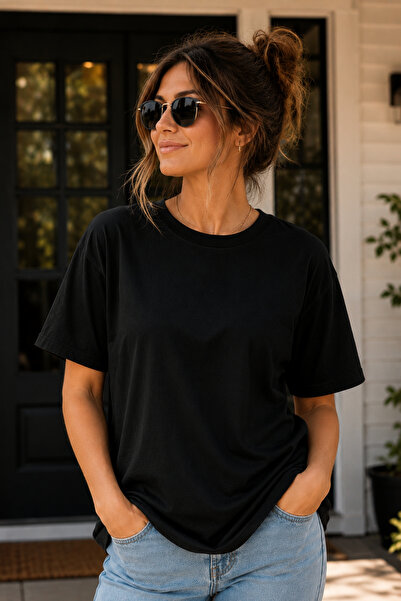 Büşra Çetin Black Basic T-Shirt, Unisex Oversize Cotton Black T-Shirt, Crew N...