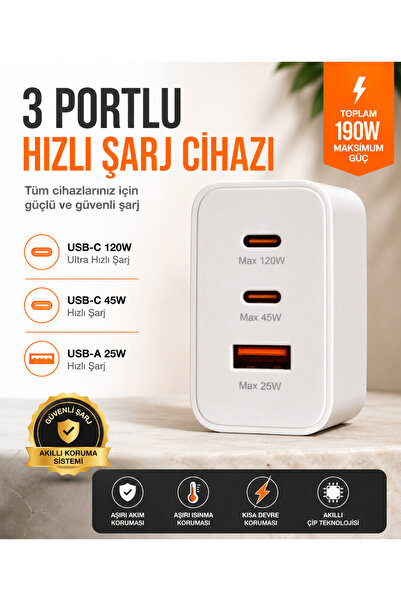 MEKTEK Type C Uyumlu 120W Kadar Destekli 3 Farklı Girişli Turbo hızlı şarj aleti