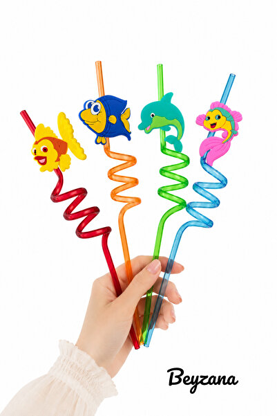 BEYZANA 4 Adet Karışık Renkli Plastik Şirin Figürlü Pipet