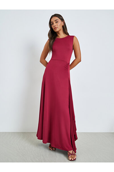 Styli Burgundy Sleeveless Maxi Dress with Frill Panel