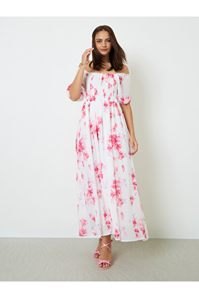 Styli White Off Shoulder Floral Maxi Dress