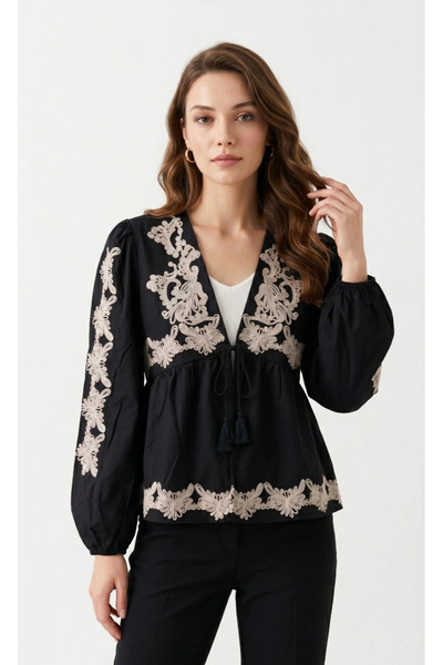 TATULA Linen Jacket with Embroidery Detail and Lace-Up Front