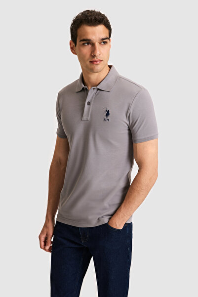U.S. Polo Assn. Ανδρικό μπλουζάκι με λεπτή γραμμή και γιακά πόλο σε γκρι χρώμ...